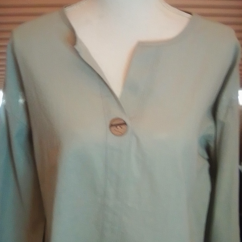 Green Boxy Long Sleeve Blouse with Mandarin Collar And Button.